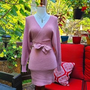 Pink Long Sleeved Sweater Bodycon Dress